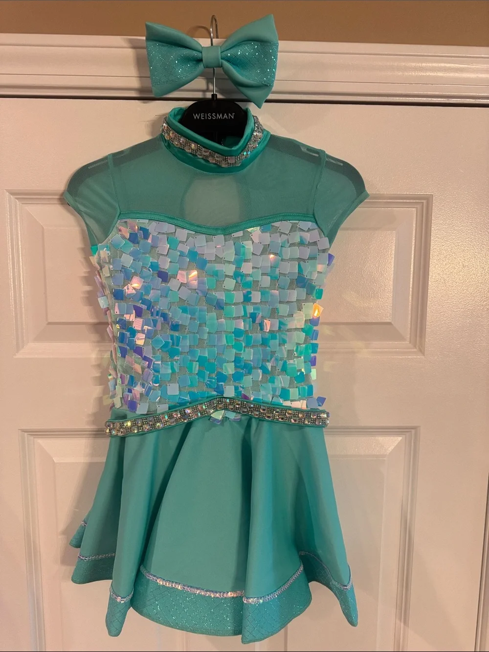 Weissman Girls' Aqua Sequin Dance Costume with Matching Bow